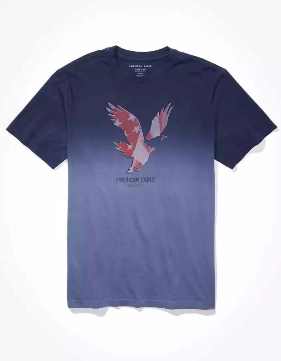 T Shirt Graphique American Eagle AE Super Soft Dip-Dye Logo Bleu Homme | NXM-73741476